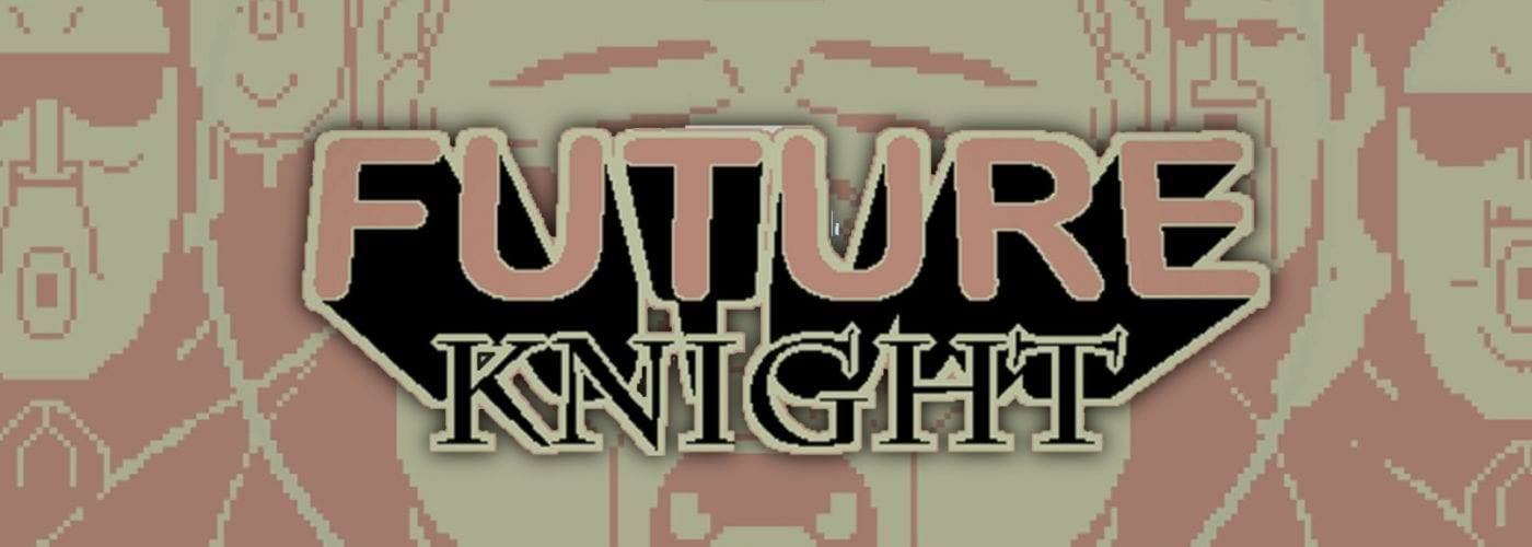 Il logo di Future Knight su sfondo pixel art in tonalità pastello con volti stilizzati in stile Game & Watch.