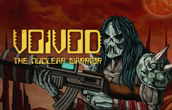 Voivod: The Nuclear Warrior key art showing the skull-faced warrior aiming a large firearm in a post-apocalyptic landscape.
