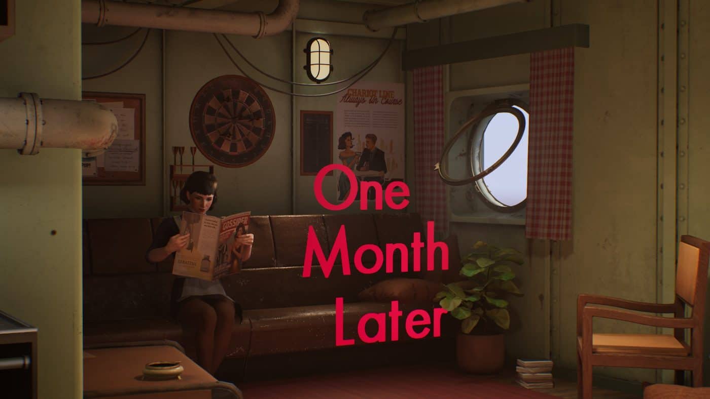 Sophie Roy reads a newspaper in an Orpheus cabin with the words "One Month Later" in Lost & Found.