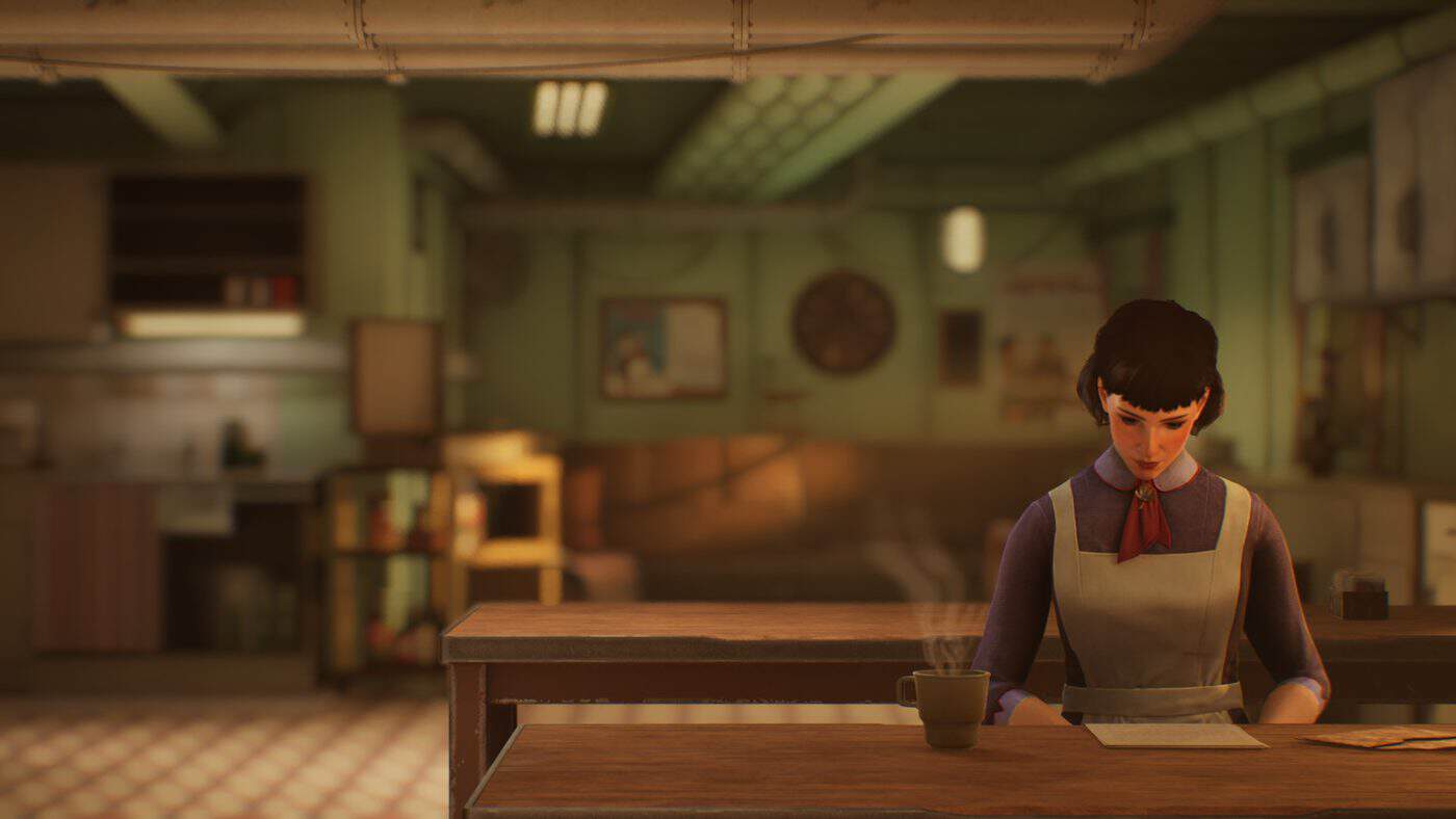 Sophie Roy in a scene from Lost & Found: A This Bed We Made Story, sitting at a table with a steaming cup and a letter.