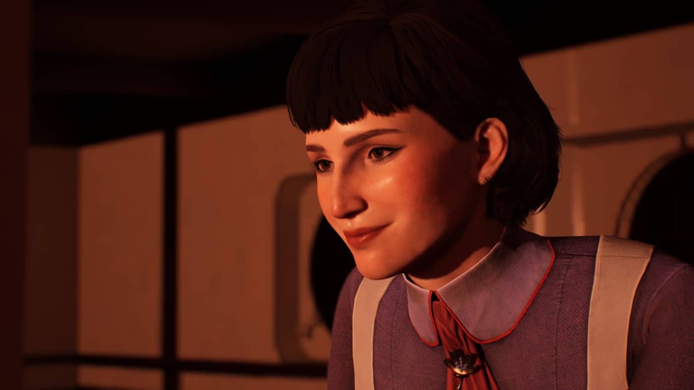 A smiling Sophie Roy in Lost & Found: A This Bed We Made Story, wearing her stewardess uniform aboard the Orpheus.