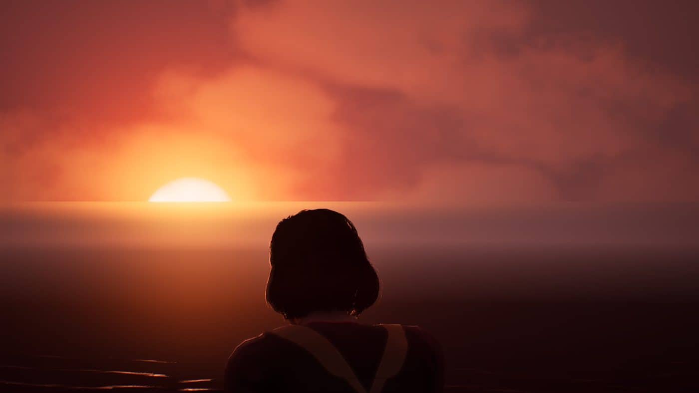 Sophie Roy watches the sunset over the ocean aboard the Orpheus in Lost & Found: A This Bed We Made Story.