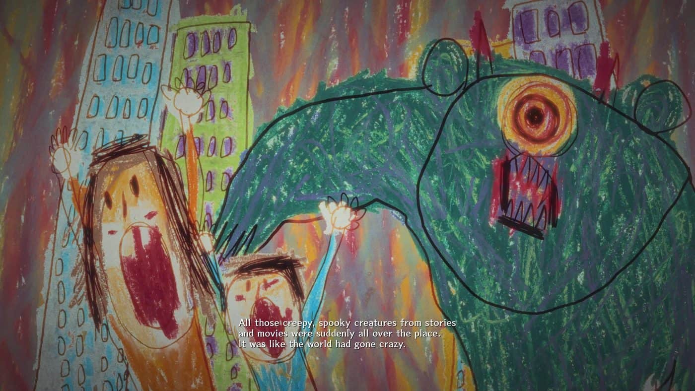 Pastel drawing of monsters invading a city in the opening cutscene of the Stupid Never Dies demo.