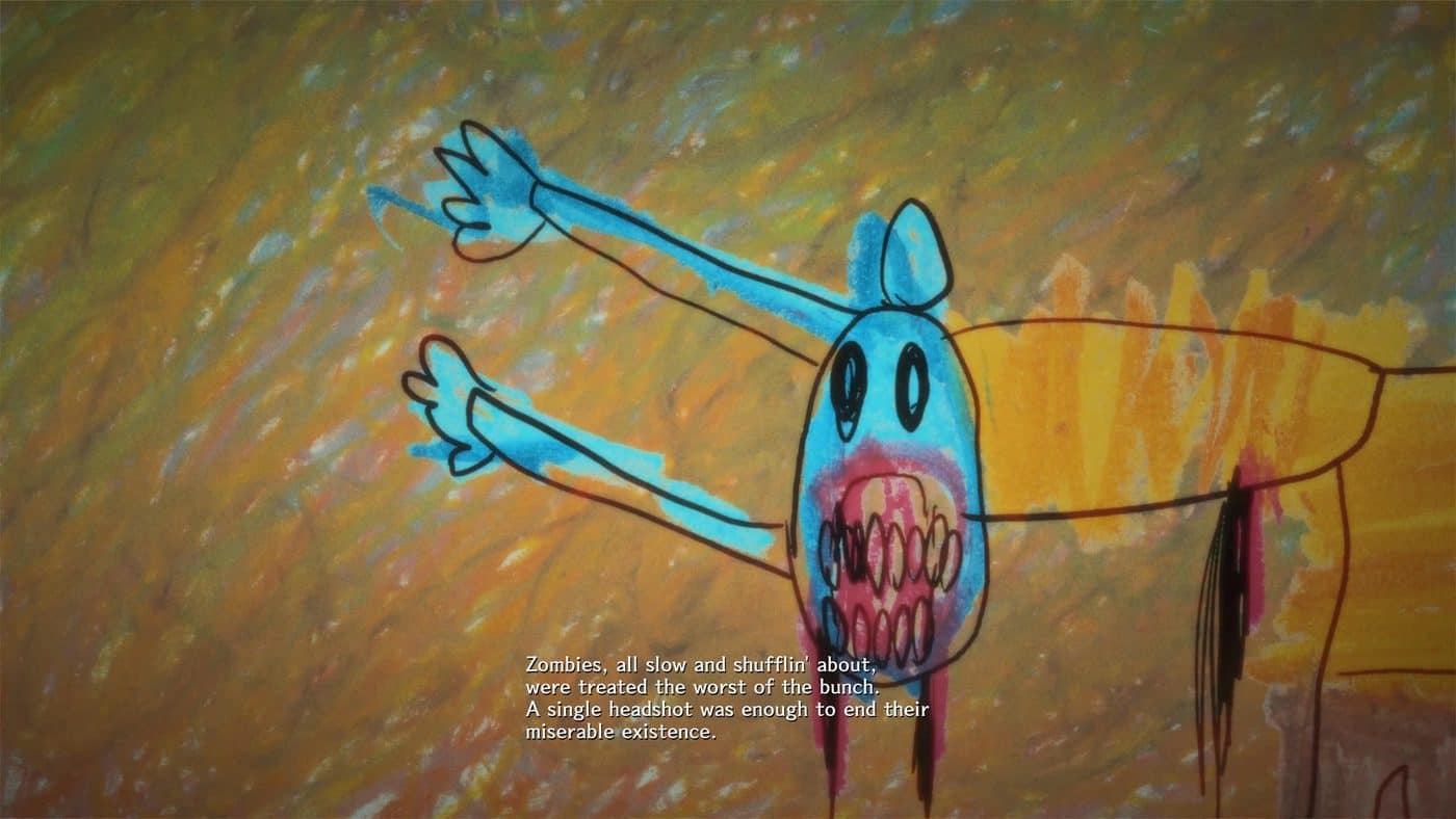 Pastel drawing of a monster from the prologue of Stupid Never Ends with the writing about zombies being treated worse than everyone.