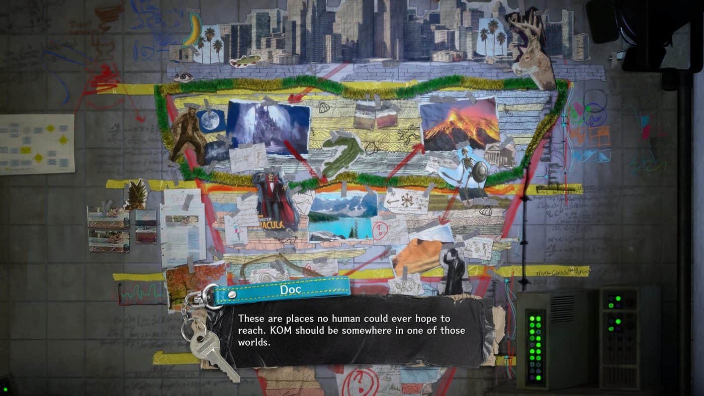 Doc explains to Davy, in front of a map of signs and photos in the Mall of Stupid Never Dies, where KOM is hiding.