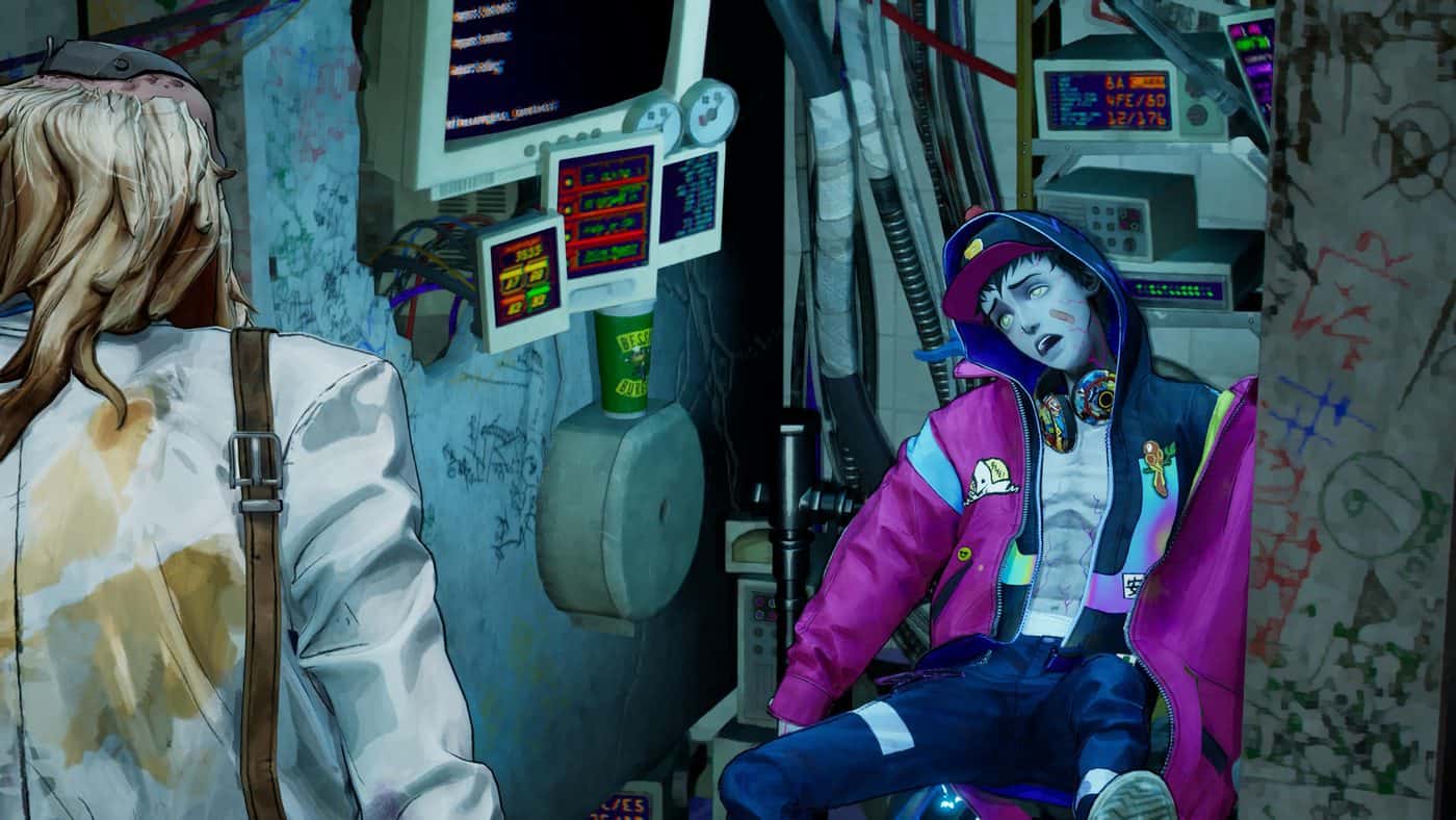 The zombie Davy in a scene from GPTRACK50's Stupid Never Dies, in front of Doc in a laboratory crowded with monitors.