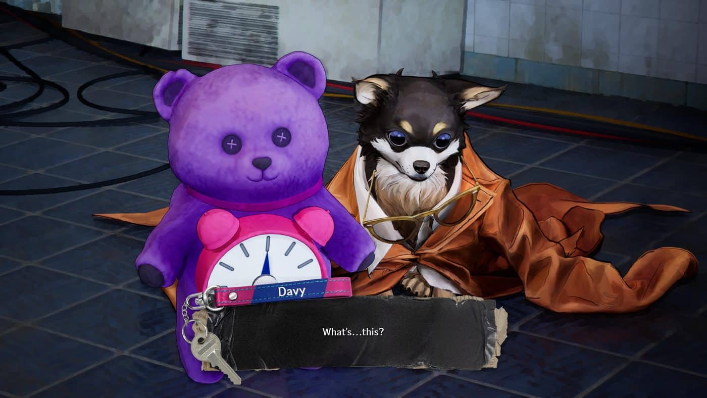 Davy finds a purple plush toy with an alarm clock and keys next to a chihuahua-man in Stupid Never Dies.