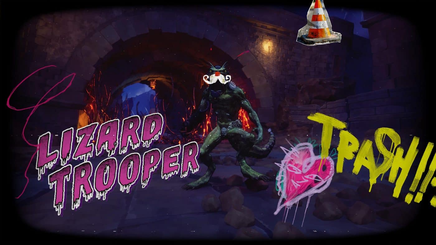 A lizard monster labeled "Lizard Trooper, Trash!!" in a dungeon of Stupid Never Dies.