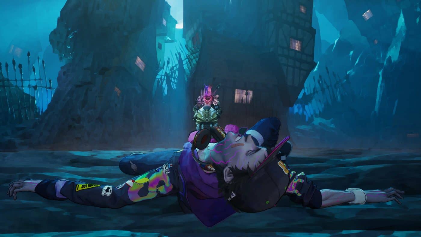 Davy, the zombie protagonist of Stupid Never Dies, lying on the ground in a dungeon in front of an enemy.