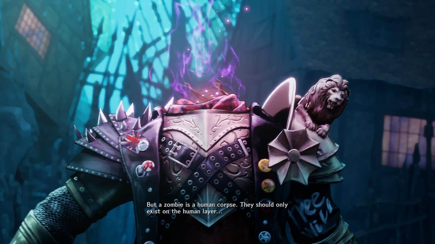 A decapitated zombie with punk armor and purple flames in Stupid Never Dies, with the caption "But a zombie is a human corpse".
