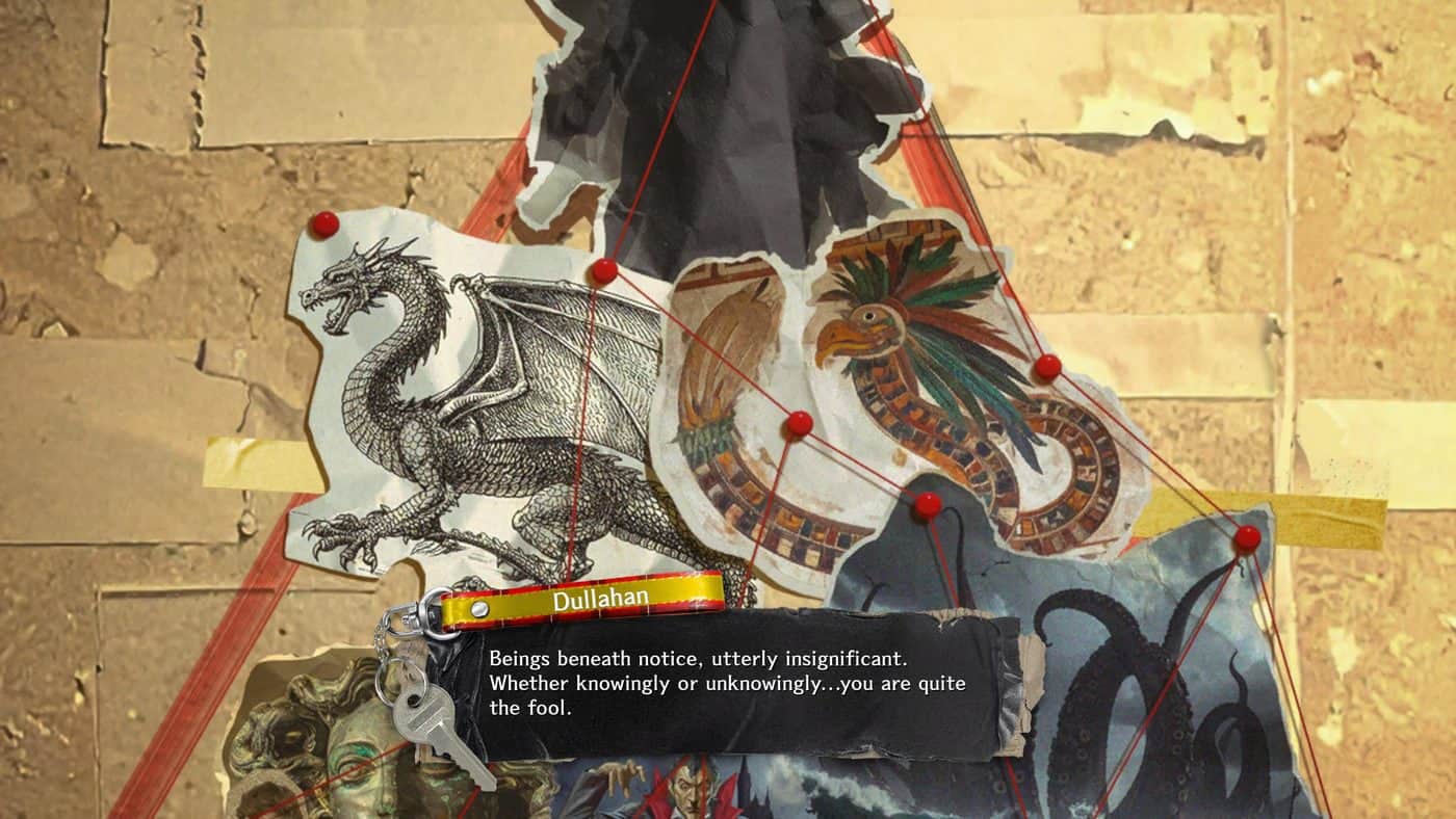 Stupid Never Dies screen: a collage of drawings and photographs featuring the Dullahan monster and a phrase calling the player "the madman".