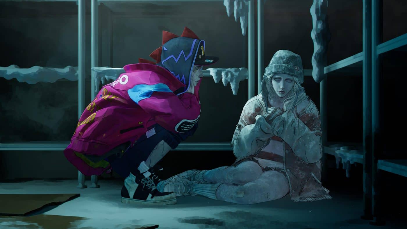Davy, the zombie protagonist of Stupid Never Dies, crouching next to frozen Julia in the walk-in freezer.