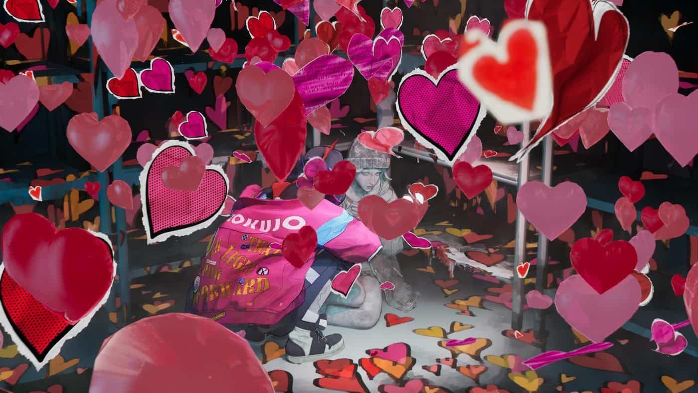 Davy, in his pink jacket, kneeling beside frozen Julia, surrounded by hearts, in a scene from Stupid Never Dies.