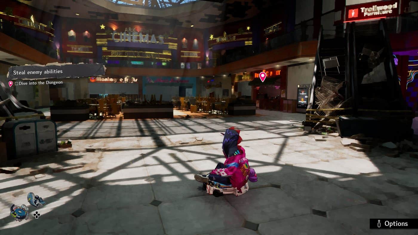 Davy travels on the Modified Cleaner in the Mall of Stupid Never Dies, the abandoned shopping mall that serves as the hub.