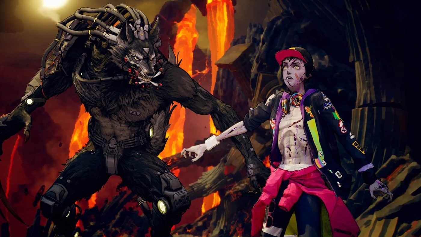 The zombie Davy faces a monstrous wolf with mechanical grafts in a volcanic dungeon of Stupid Never Dies.