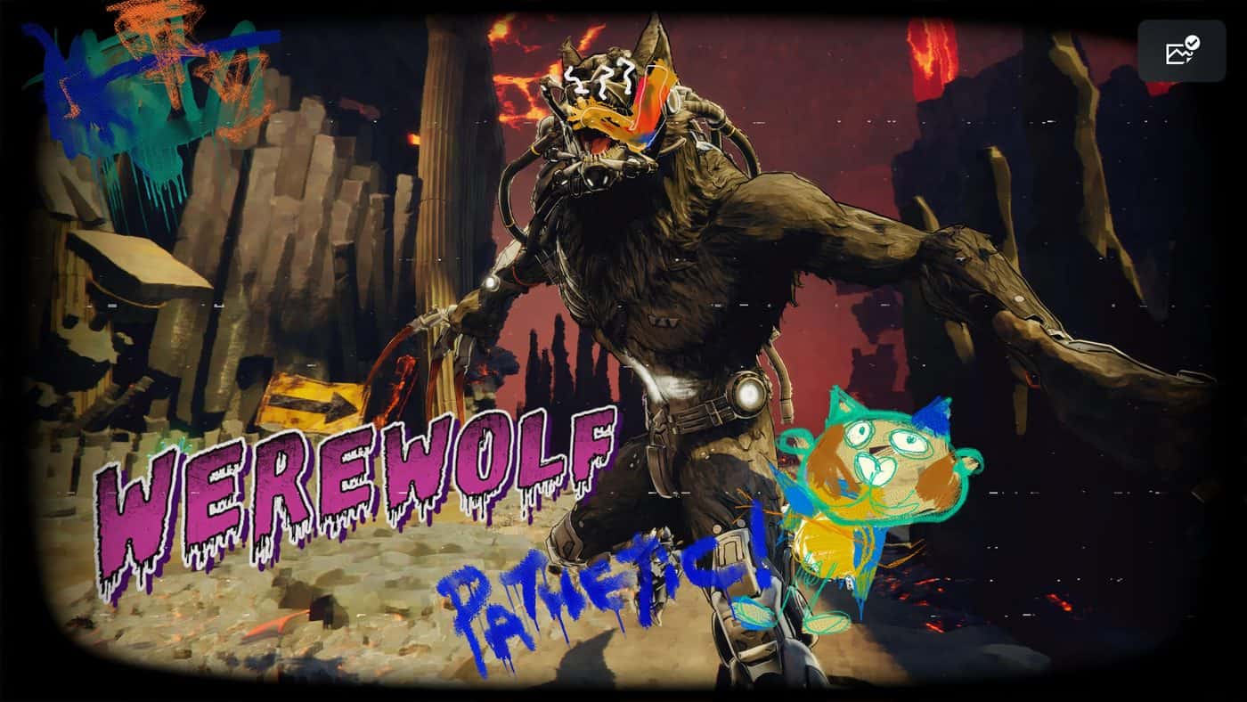 A werewolf enemy in GPTRACK50's Stupid Never Dies, with the writing "Pathetic!" and a pastel drawing overlaid.
