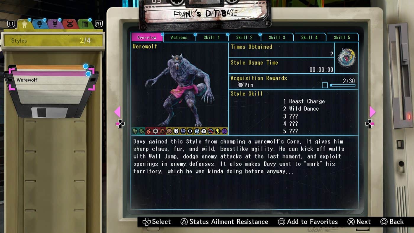 The Frank Database in Stupid Never Dies shows the Werewolf Style screen with stats and abilities.