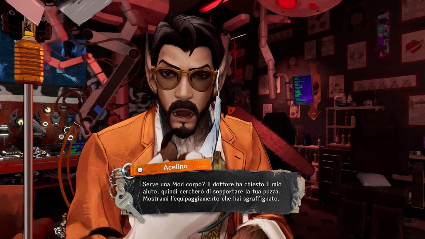 Acelino, the chihuahua-man of Stupid Never Dies, in his tattoo shop offers Davy a Body Mod in dialogue.