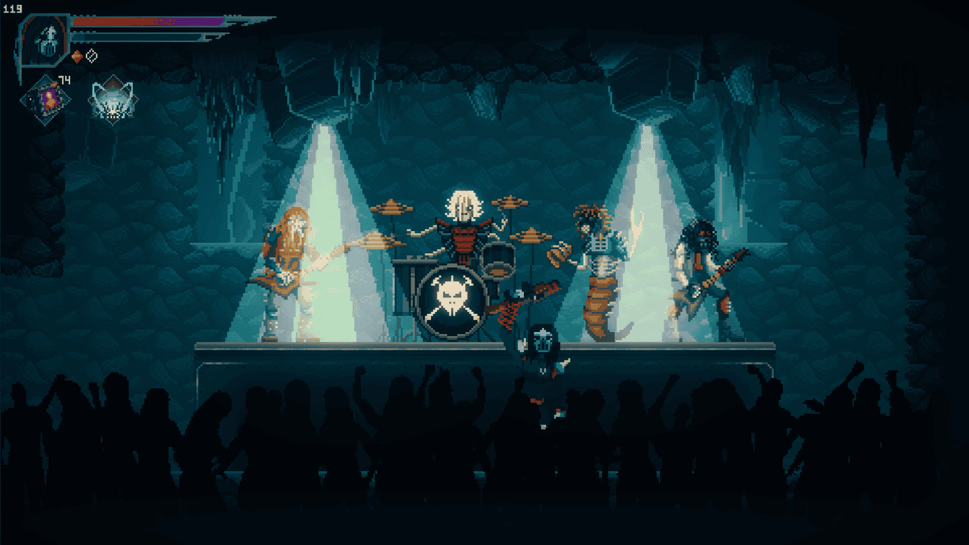 Scena di Voivod: una band pixel art su un palo in una grotta, col Voivod che suona la chitarra davanti al pubblico.