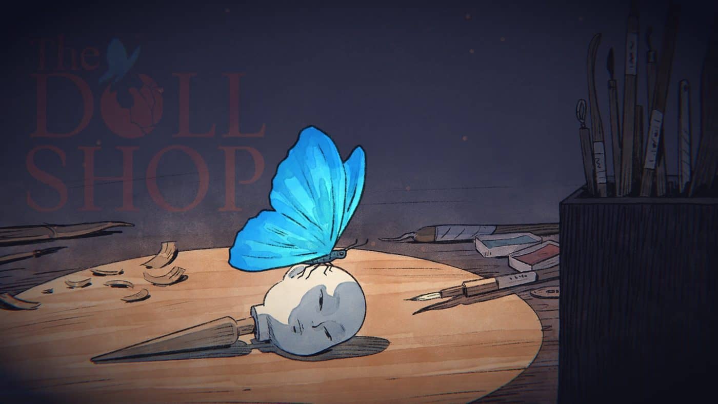 A blue butterfly resting on a doll's head, with brushes and watercolours: the illustration of The Doll Shop's logo.