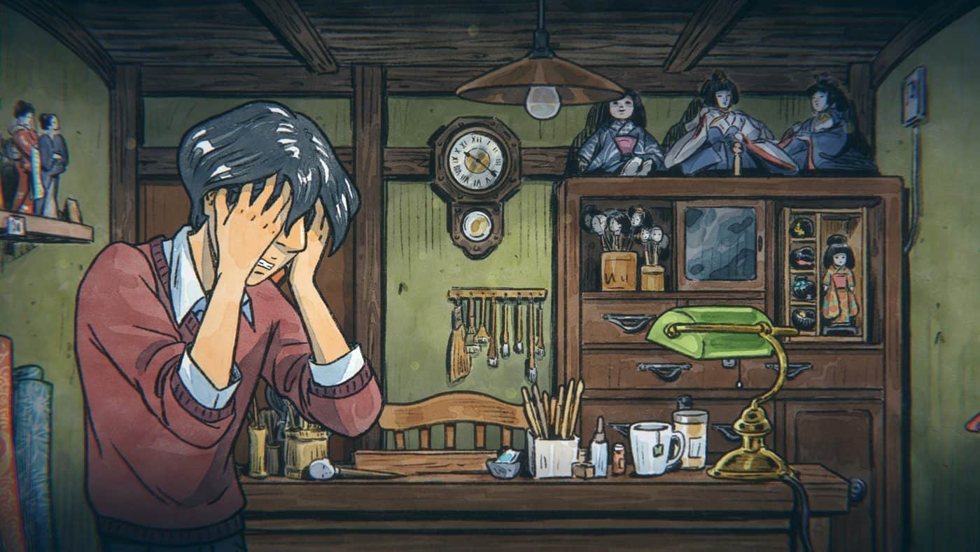 The lonely craftsman of The Doll Shop covers his face with his hands in his hand-drawn shop, surrounded by dolls.