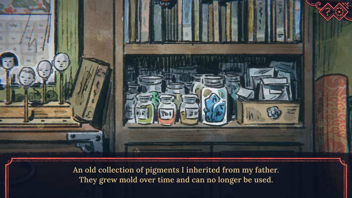 A scene from The Doll Shop: doll heads on wooden stands next to jars of pigments inherited from the protagonist's father, now gone mouldy.
