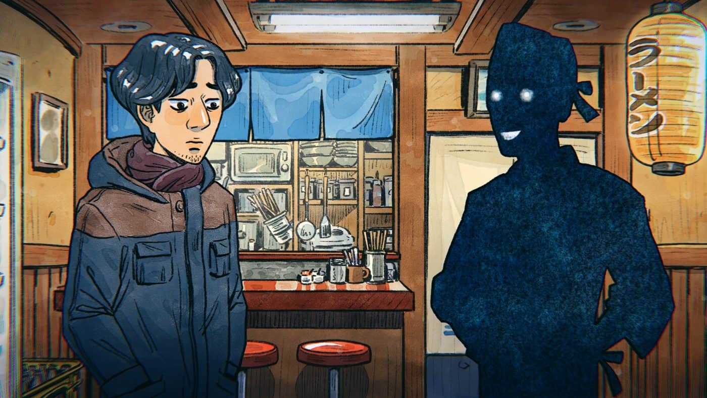 The protagonist of The Doll Shop by Atelier Sentô looks at a faceless figure inside the village's ramen restaurant.