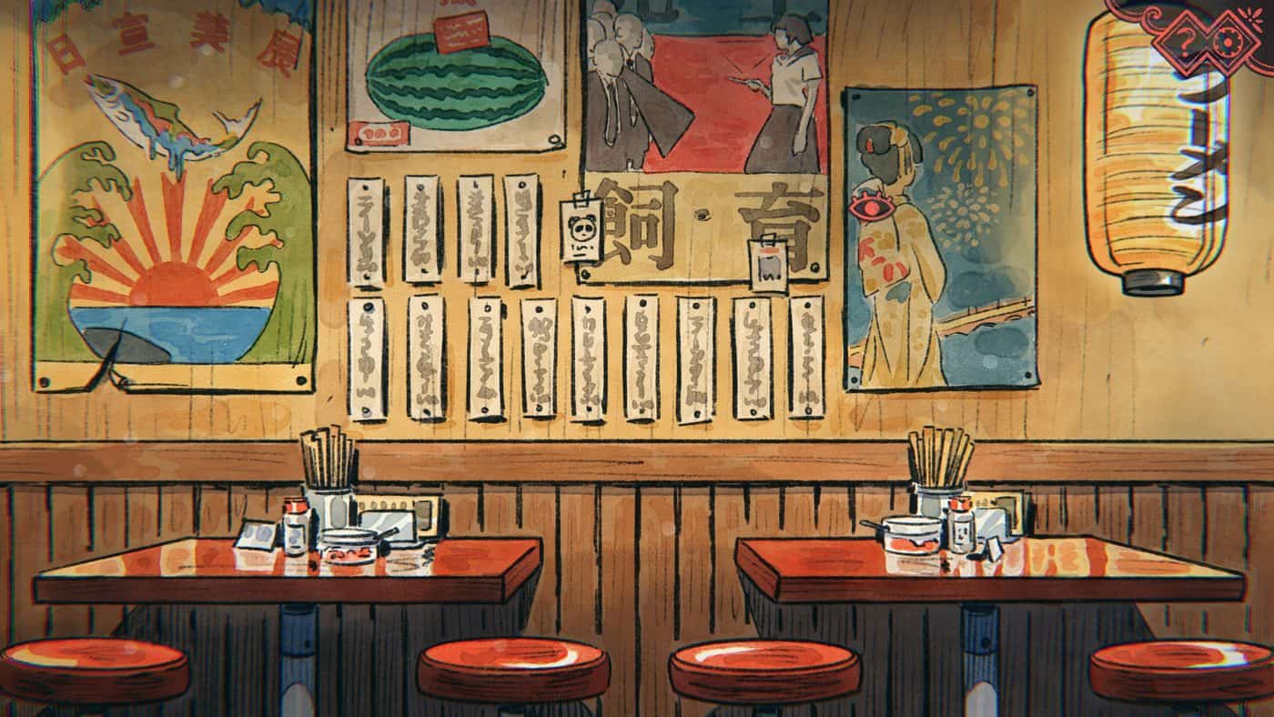 The wall of The Doll Shop's ramen restaurant, papered with vintage posters, with wooden tables and red stools.