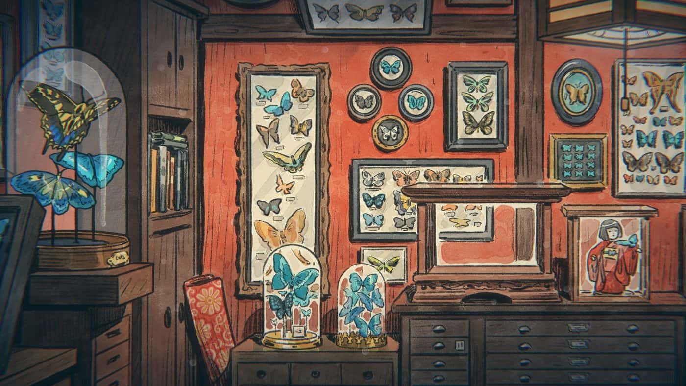 A room in The Doll Shop's workshop, hand-drawn, with framed butterflies and ones under glass bells next to a doll in a kimono.
