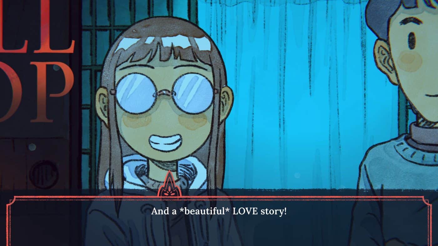 Cécile, drawn in the ending of The Doll Shop's demo, promises a love story beside Olivier in front of a blue door.