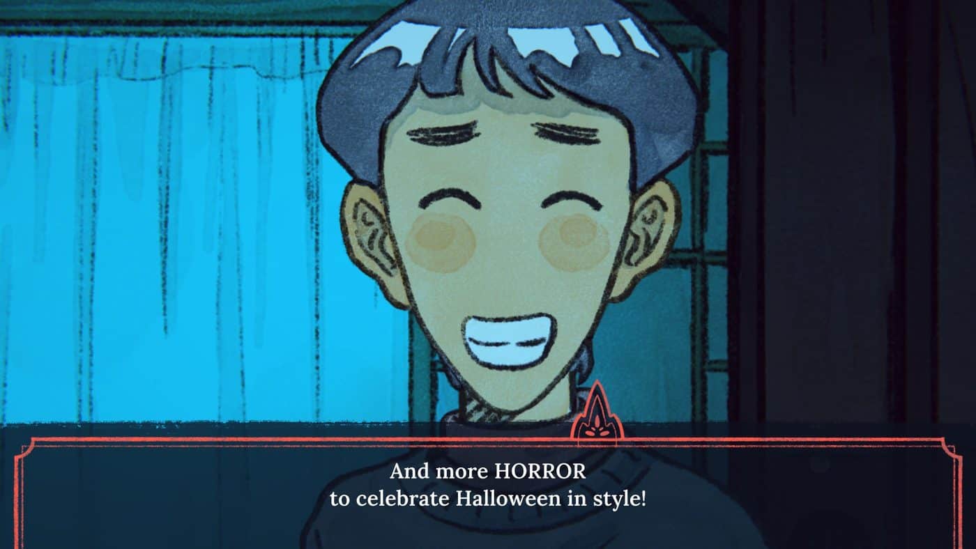 Olivier of Atelier Sentô smiling in a scene from The Doll Shop's demo, with the line "And more HORROR to celebrate Halloween in style!