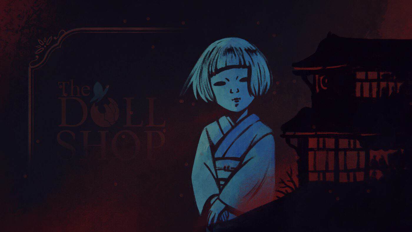 A black-haired doll with a blue face next to The Doll Shop logo on a dark red background.