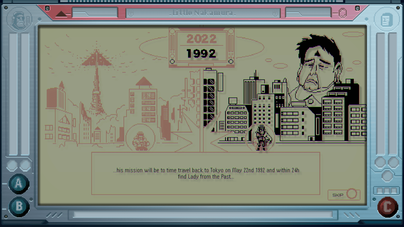 Future Knight: the Game & Watch-style screen shows a cyborg in a city with the mission of returning to Tokyo in 1992.