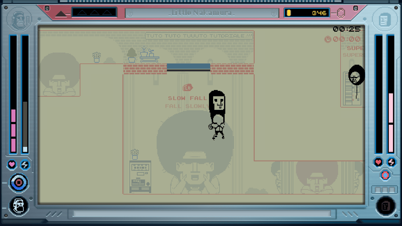 Future Knight: the cyborg glides with Two More in a tutorial level on a Game & Watch-style LCD screen.