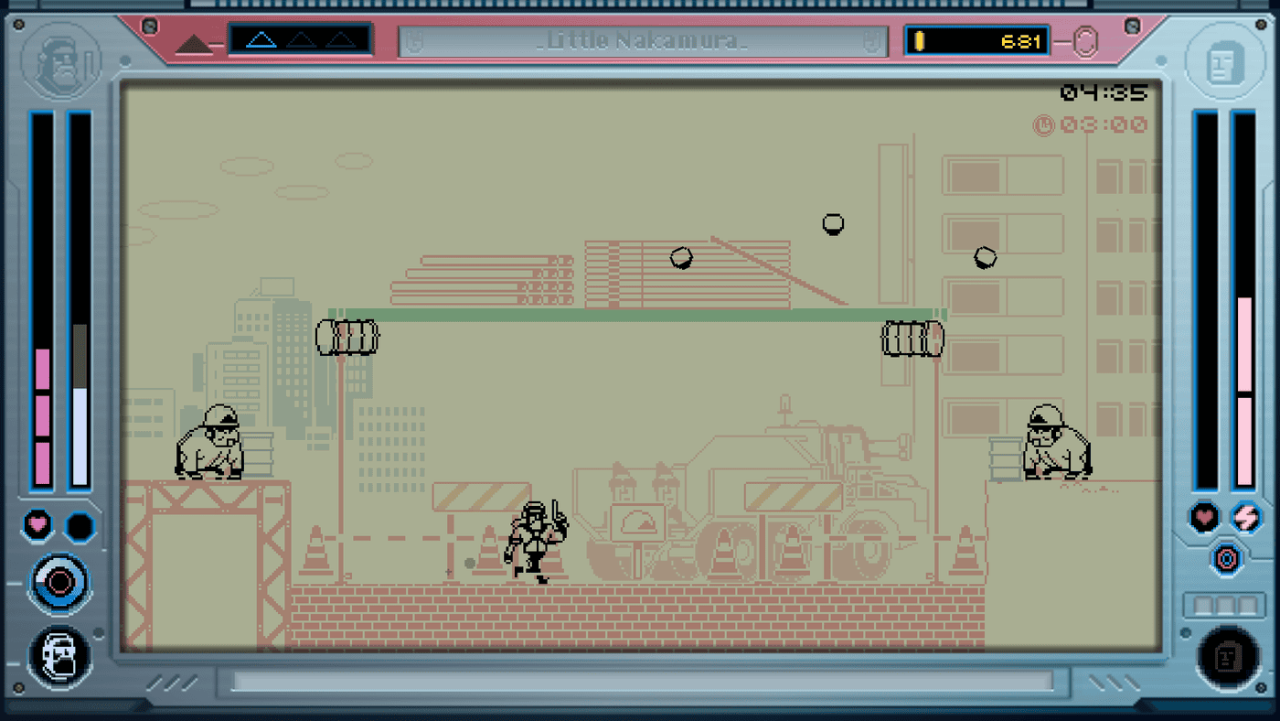 A screenshot from Future Knight: the cyborg takes on simian enemies in a level set into the case of a Game & Watch.