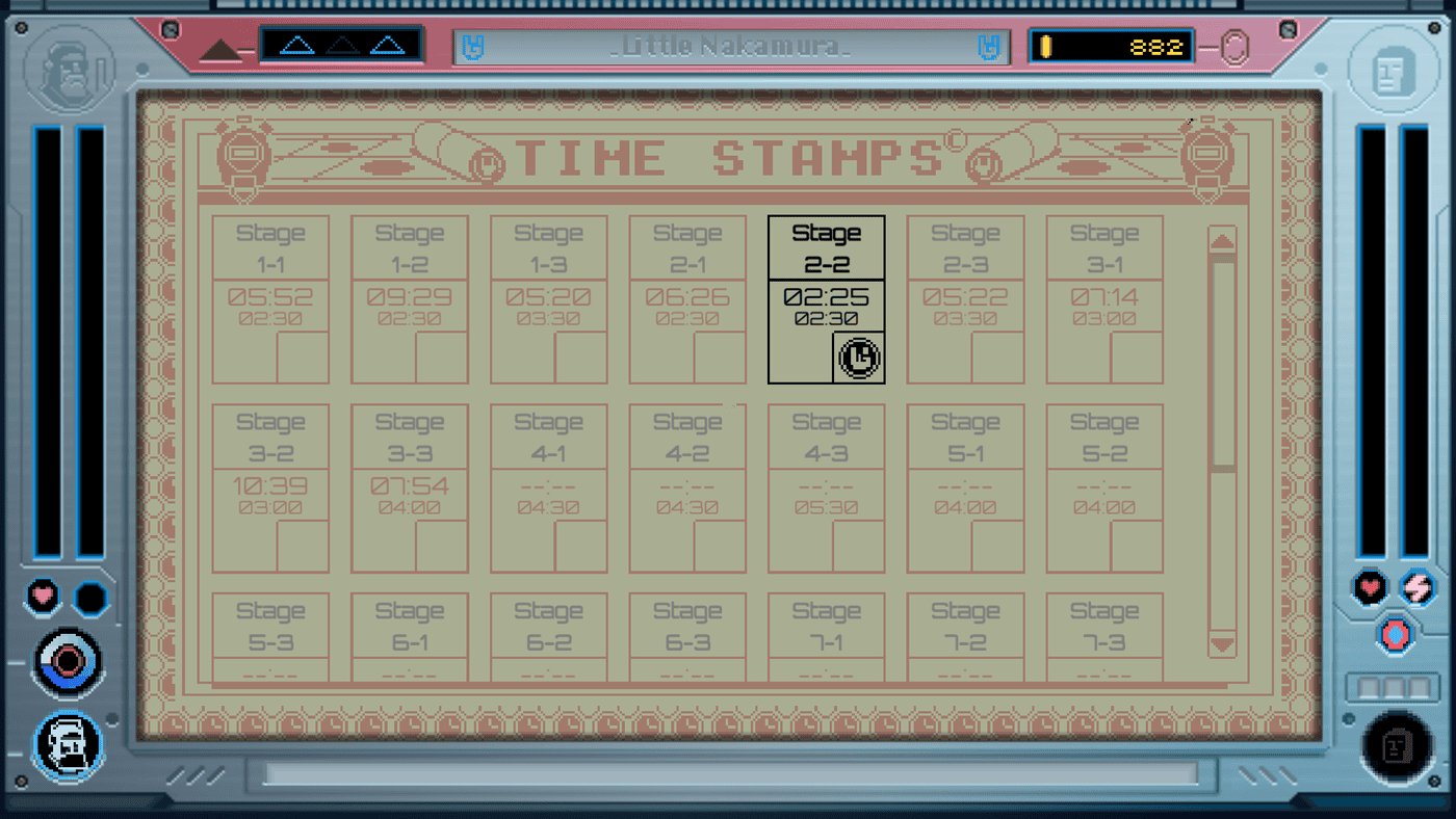 The Time Stamps screen of Future Knight with the stage records set into the Game & Watch case.