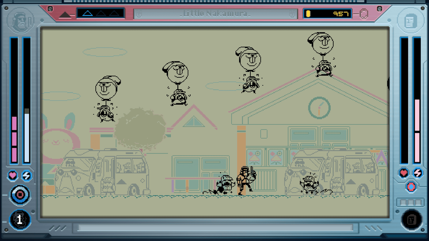 A game screen from Future Knight: the cyborg and Two More take on floating enemies in a pastel-colored stage.