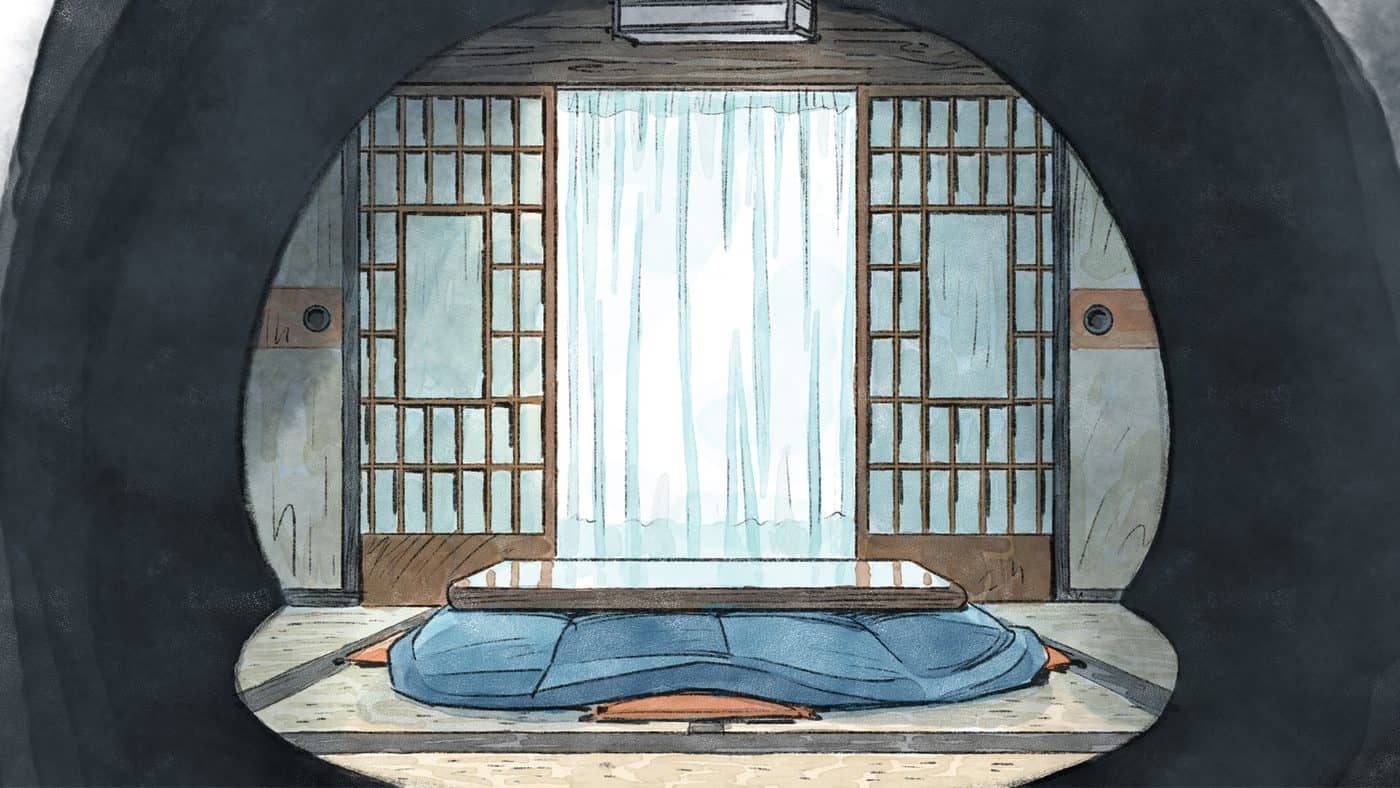 A hand-drawn scene from The Doll Shop: a kotatsu in front of sliding doors, seen through a dark opening.