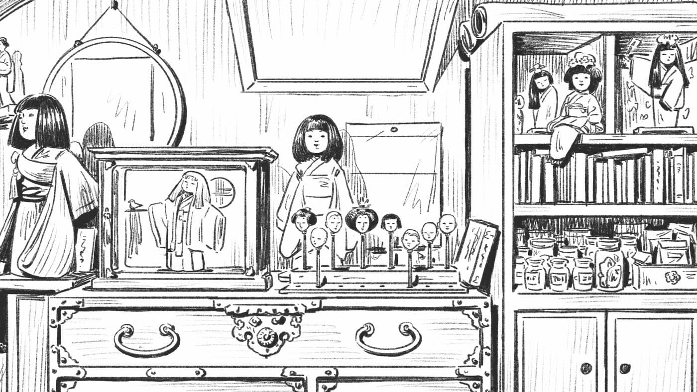Ink drawing of The Doll Shop's workshop: dolls in kimono, heads on wooden stands and jars of pigments.
