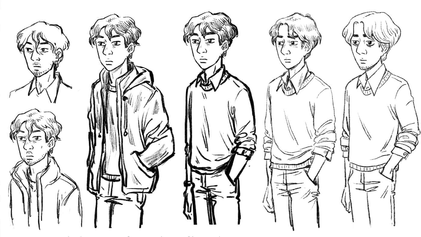Ink sketches of studies for The Doll Shop's protagonist: the young craftsman in jacket, hoodie and sweater.