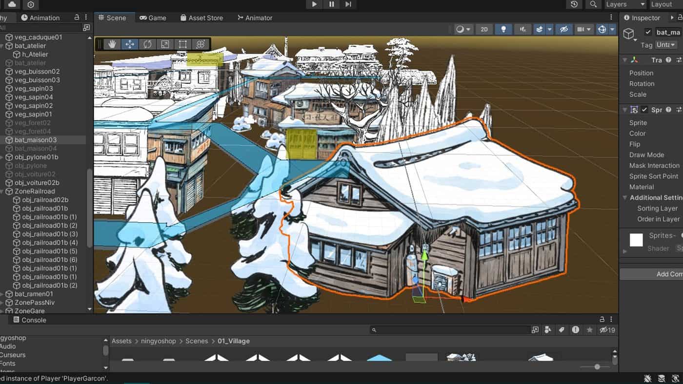 The hand-drawn snowy village of The Doll Shop, visible in the Unity editor during development of Atelier Sentô's game.