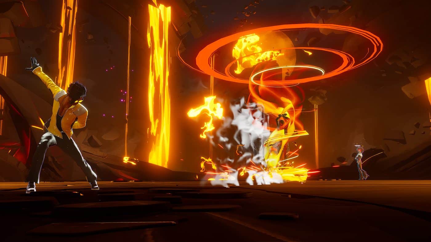 Charlie Disco dodges through flames during the fight against Dahlia in Dead As Disco.