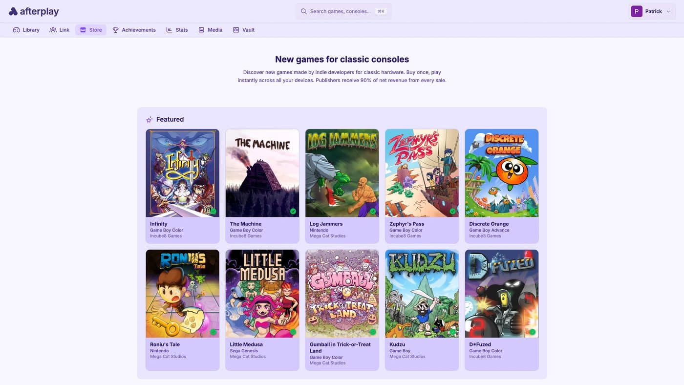 Afterplay store page showing new games for classic consoles, with featured Game Boy and Genesis titles like Infinity and D'Fused.