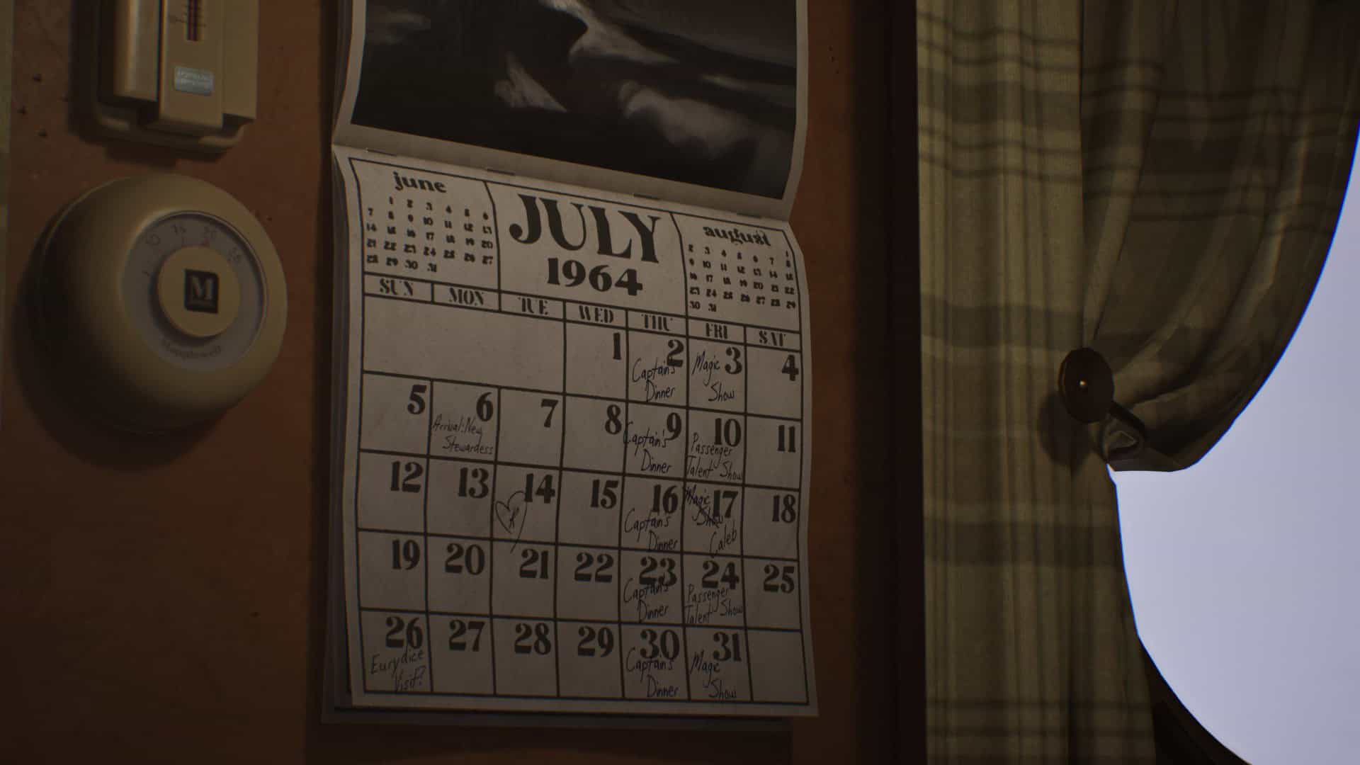 A July 1964 calendar with handwritten notes, in a scene from Lost & Found: A This Bed We Made Story.