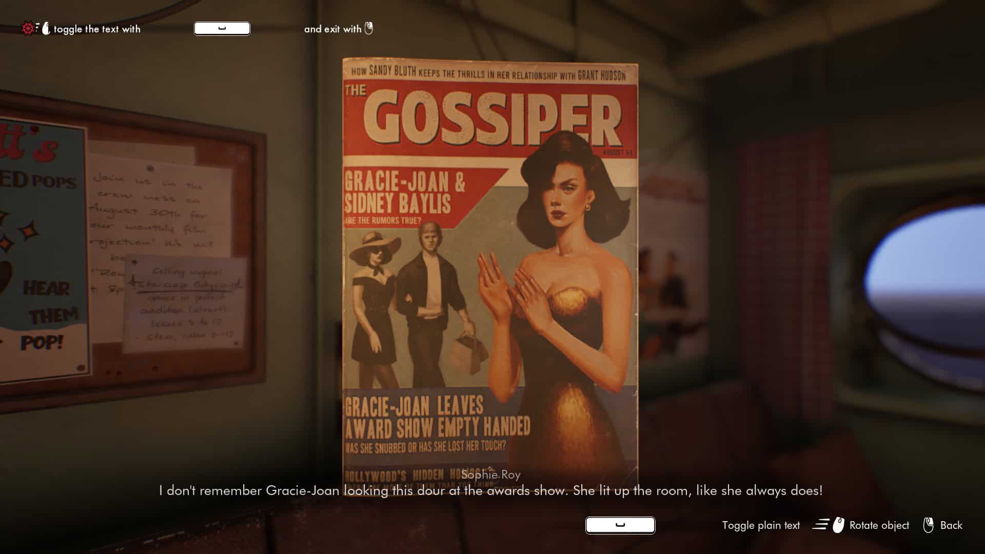 Sophie Roy looks at the cover of The Gossiper magazine aboard the Orpheus in Lost & Found.