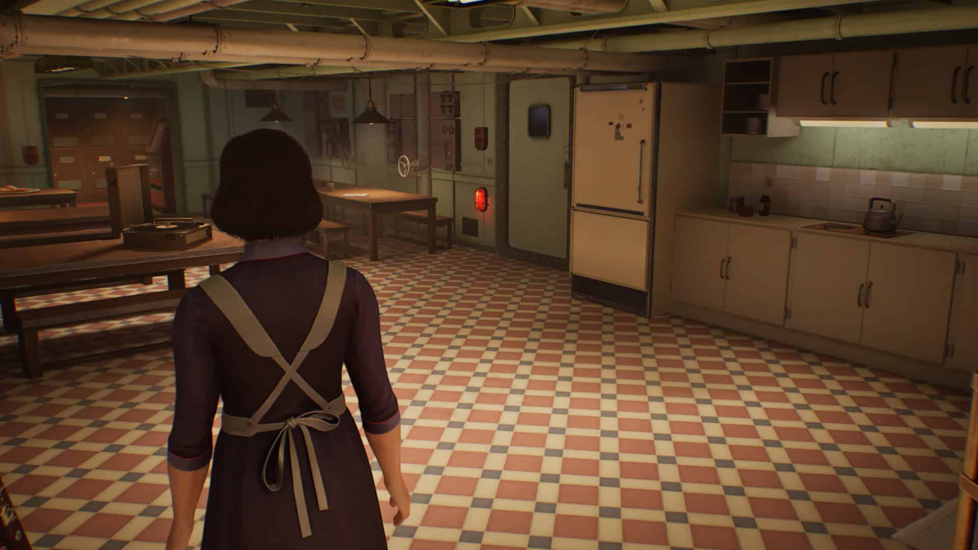 Sophie Roy in her stewardess uniform explores the kitchen of the ocean liner Orpheus in Lost & Found.