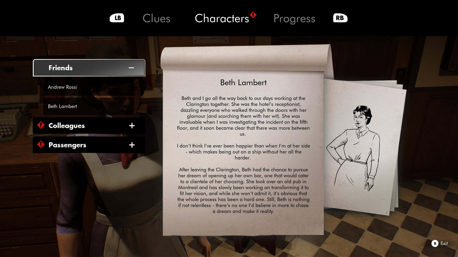 Beth Lambert's character card in the Characters menu of Lost & Found: A This Bed We Made Story.