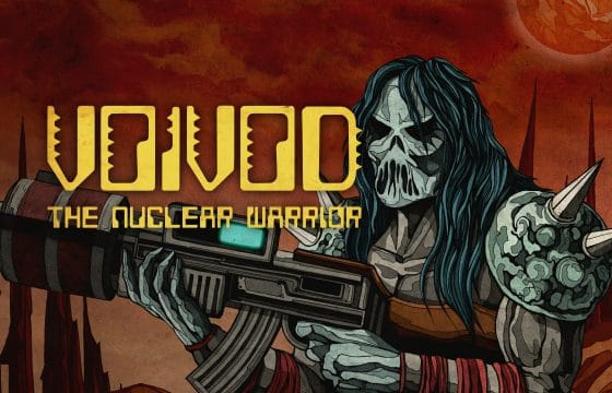 Voivod: The Nuclear Warrior key art showing the skull-faced warrior aiming a large firearm in a post-apocalyptic landscape.
