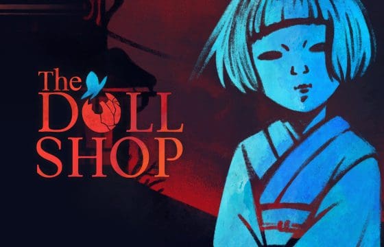 The Doll Shop key art: a blue-faced doll with a black bob beside the title, a butterfly resting on the O.
